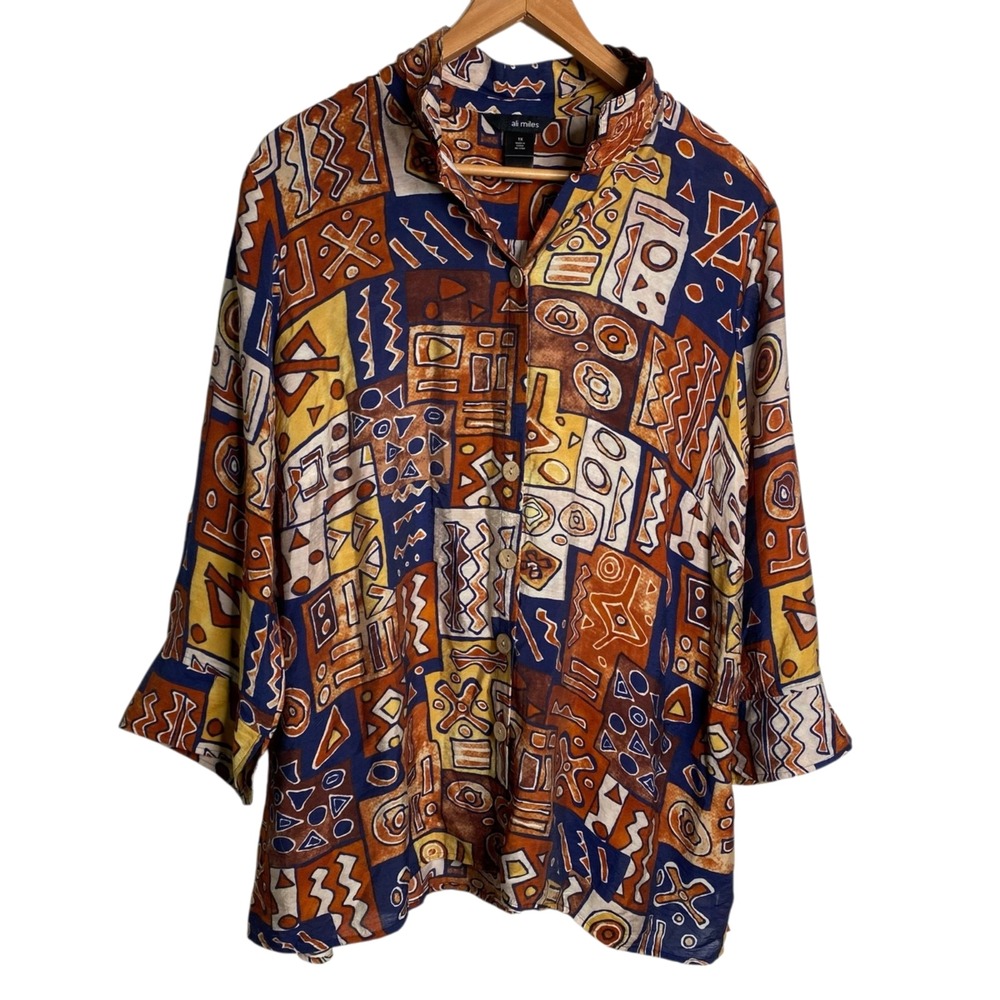 Ali Miles Tribal Geo Wire Collar Zip Back Lagenlook Button Up Top Multicolor 1X